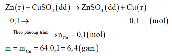 Cho 6,5 gam bột Zn vào dung dịch CuSO4 dư, sau phản ứng hoàn toàn thu được m gam chất rắn. Giá trị của m là: (ảnh 2)