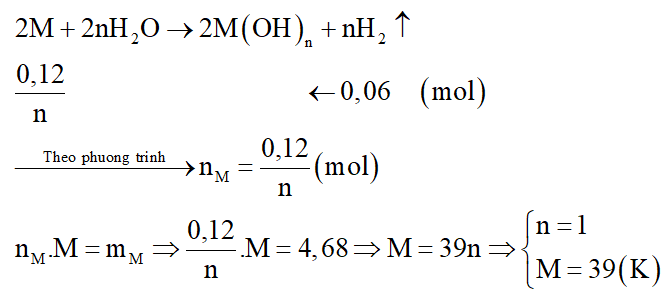 Cho 4,68 gam một kim loại M vào nước dư, sau khi phản ứng xảy ra hoàn toàn thu được 1,344 lít khí H2 (đktc). Kim loại M là: (ảnh 2)
