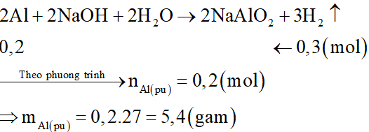 Cho bột nhôm tác dụng với dung dịch NaOH (dư) thu được 6,72 lít khí H2 (ở đktc). Khối lượng bột nhôm đã phản ứng là: (ảnh 2)