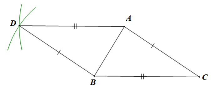 Cho tam giác ABC, vẽ cung tròn tâm A bán kính BC, vẽ cung tròn (ảnh 1)