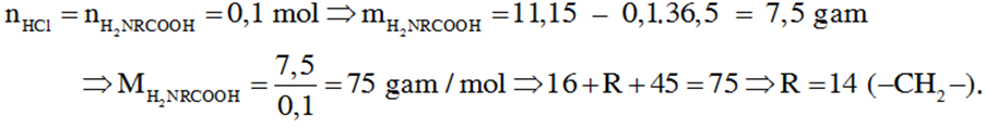 Amino axit X có dạng H2NRCOOH (R là gốc hiđrocacbon). Cho 0,1 mol X phản ứng hết với dung dịch HCl (dư) thu được dung dịch chứa 11,15 gam muối. Tên gọi của X là : (ảnh 1)