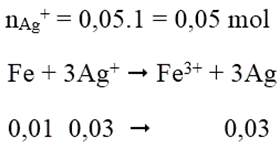 Cho 0,01 mol Fe vào 50ml dung dịch AgNO3 1M khi phản ứng kết thúc khối lượng Ag thu được là: (ảnh 1)