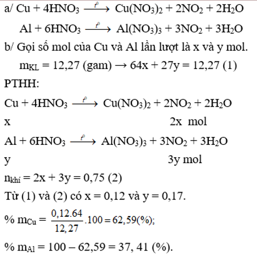 Cho 12,27 gam Cu và Al tác dụng hoàn toàn dung dịch HNO3 đặc, nóng, dư thu được 16,8 lít khí NO2 (đktc) là sản phẩm khử duy nhất. (ảnh 1)