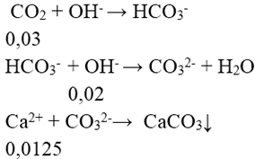Hấp thụ hoàn toàn 0,672lit khí CO2 (đktc) vào 1 lít dd gồm NaOH 0,025M và Ca(OH)2 0,0125M, thu được x gam kết tủa. Giá trị của x là : (ảnh 1)