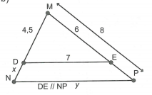 Tính độ dài x, y trong hình sau: Tam giác MNP, DE // NP, D thuộc MN, E thuộc MP (ảnh 1)