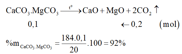 Nhiệt phân hoàn toàn 20 gam một loại quặng đôlômit có lẫn tạp chất trơ sinh ra 4,48 lít khí CO2 (đktc). Thành phần phần trăm về khối lượng của CaCO3.MgCO3 trong loại quặng là: (ảnh 2)