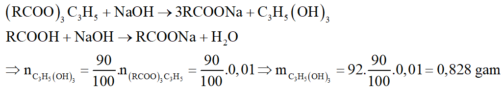 Đốt cháy hoàn toàn m gam chất béo X chứa hỗn hợp các este có công thức (RCOO)3C3H5 và các axit béo RCOOH với R là C17H35 hoặc C15H31. Sau phản ứng thu được 13,44 lít CO2 (đktc) và 10,44 gam nước. Xà phòng hóa m gam chất béo X (hiệu suất phản ứng 90%) thì thu được bao nhiêu gam glixerol (glixerin)? (ảnh 3)