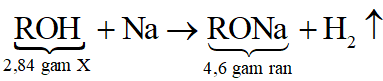 Cho 2,84 gam hỗn hợp X gồm hai ancol đơn chức A, B có công thức chung là ROH tác dụng vừa đủ với Na. Sau phản ứng thu được 4,6 gam chất rắn và bao nhiêu lít H2 (ở đktc)? (ảnh 1)