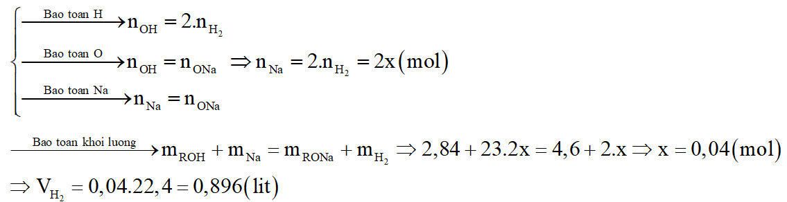 Cho 2,84 gam hỗn hợp X gồm hai ancol đơn chức A, B có công thức chung là ROH tác dụng vừa đủ với Na. Sau phản ứng thu được 4,6 gam chất rắn và bao nhiêu lít H2 (ở đktc)? (ảnh 3)