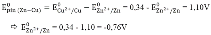 Tính thế điện cực chuẩn của cặp oxi hóa - khử sau:     E0Zn2+/Zn, biết rằng E0pin(Zn-Cu) = 1,10V và E0Cu2+/Cu = +0,34V. (ảnh 1)