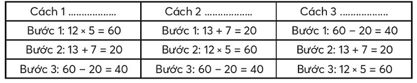 Để thực hiện tính giá trị biểu thức: 12 × 5 – (13 + 7), cách nào sau đây đúng. Đánh dấu (ảnh 1)