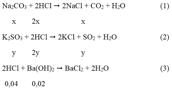 Cho 3,9 gam hỗn hợp 2 muối Na2CO3 và K2SO3 tác dụng với 200 ml dung dịch HCl, ta thu được một hỗn hợp khí A có tỉ khối hơi so với metan là 3,583 và dung dịch B. Để trung hòa lượng axit còn dư trong dung dịch B ta phải dùng hết 100 ml dung dịch Ba(OH)2 0,2M. Vậy % Na2CO3 và K2SO3 trong hỗn hợp ban đầu là: (ảnh 1)