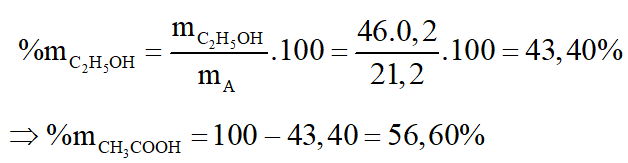 Có hỗn hợp A gồm rượu etylic và axit axetic. Cho 21,2 gam A phản ứng với Na dư thì thu được 4,48 lít khí (ở đktc). Tính phần trăm khối lượng mỗi chất trong hỗn hợp A. (ảnh 4)