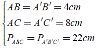 Cho tam giác ABC và tam giác A'B'C' đối xứng với nhau qua điểm I biết AB = 4cm, AC = 8cm và chu (ảnh 1)