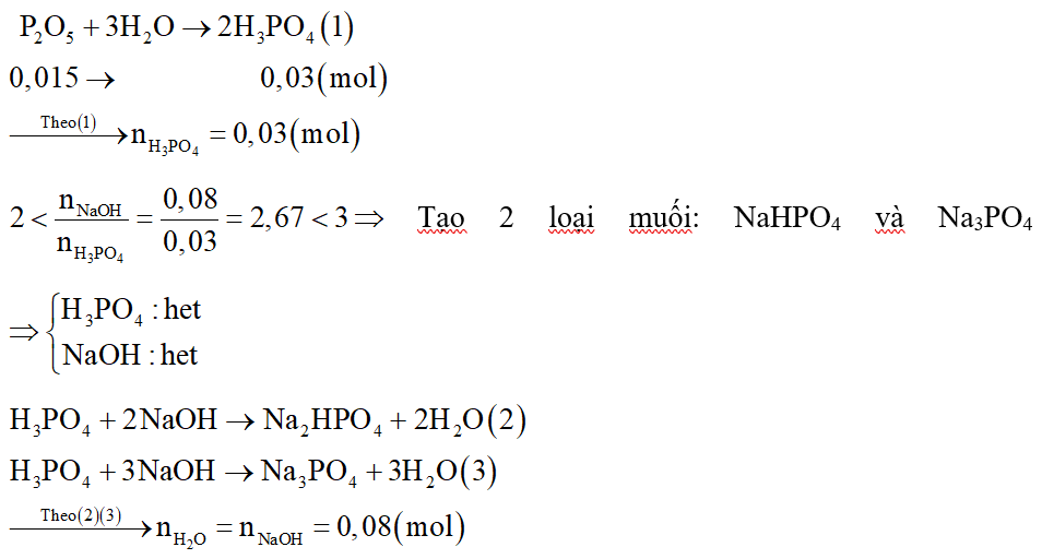 Cho 2,13 gam P2O5 tác dụng với 80ml dung dịch NaOH 1M. Sau khi các phản ứng xảy ra hoàn toàn, thu được dung dịch X chứa m gam muối. Giá trị của m là: (ảnh 2)