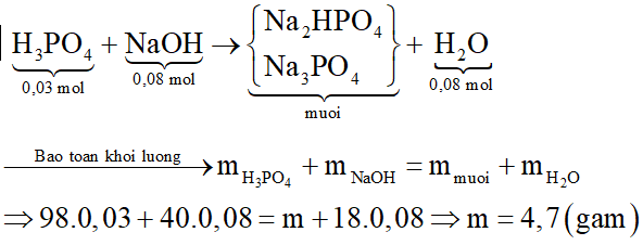 Cho 2,13 gam P2O5 tác dụng với 80ml dung dịch NaOH 1M. Sau khi các phản ứng xảy ra hoàn toàn, thu được dung dịch X chứa m gam muối. Giá trị của m là: (ảnh 3)