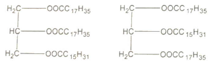 Khi thực hiện phản ứng xà phòng hóa một loại chất béo A bằng dung dịch NaOH, người ta thu được glixerol và hỗn hợp gồm 2 muối C17H35COONa và C15H31COONa với tỉ lệ số mol tương ứng là 2 : 1. Hãy xác định công thức cấu tạo có thể có của loại chất béo này. (ảnh 2)
