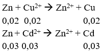 Nhúng 1 thanh kim loại Zn(dư) vào 1 dd chứa hỗn hợp 3,2g CuSO4 và 6,24g CdSO4. Sau khi Cu và Cd bị đẩy hoàn toàn khỏi dd thì khối lượng Zn tăng hoặc giảm bao nhiêu: (ảnh 2)