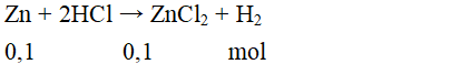 Cho 0,1 mol kim loại kẽm vào dung dịch HCl dư. Khối lượng muối thu được là: (ảnh 1)