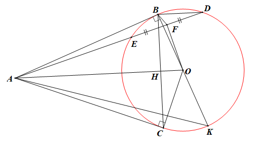 (3,0 điểm) Cho đường tròn tâm O, bán kính R và điểm A ở ngoài đường tròn (O; R) sao cho AO > 2R. Kẻ 2 tiếp tuyến AB, AC (B, C là các tiếp điểm). Gọi H là giao điểm của AO và BC. a) Chứng minh tứ giác ABOC nội tiếp và OH.OA = R2. b) Kẻ dây cung BD của đường tròn (O; R) song song với AO. Đoạn AD cắt (O; R) tại E (khác D). Gọi F là trung điểm của DE.   (ảnh 1)