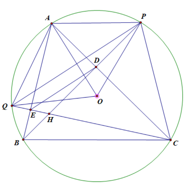 Cho tam giác nhọn ABC nội tiếp đường tròn (O), các đường cao BD và CE của tam giác ABC cắt nhau tại H. 1) Tính  BDC   (ảnh 1)