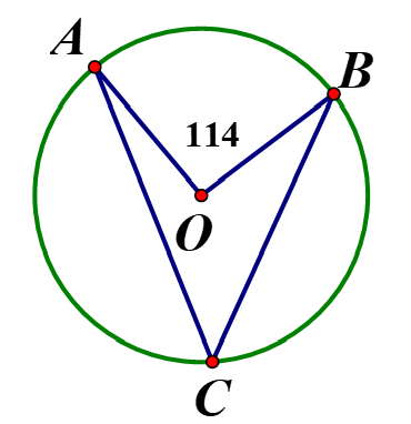 Trên đường tròn (O) lấy các điểm phân biệt A, B, C sao cho góc AOB= 114 độ (như hình vẽ bên dưới). Số đo của  góc ACB bằng (ảnh 1)