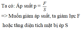 Muốn giảm áp suất thì A. giảm diện tích mặt bị ép và giảm áp lực theo cùng tỉ lệ (ảnh 1)