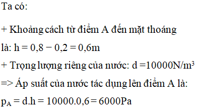 Một thùng đựng đầy nước cao 80cm. Áp suất tại điểm A cách đáy 20cm là bao nhiêu? Biết trọng lượng riêng của (ảnh 1)