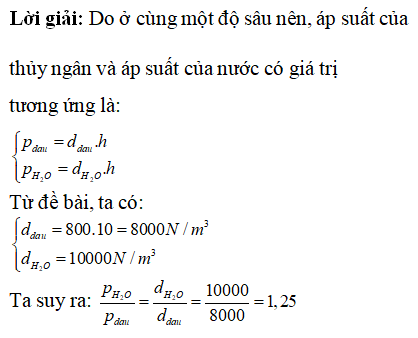 Cho khối lượng riêng của dầu là 800kg/m3. Trọng lượng riêng của nước là 10000N/ m^ 3. Ở cùng 1 độ sâu, áp (ảnh 1)