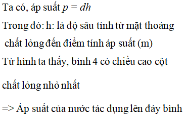 Bốn bình 1, 2, 3, 4 cùng đựng nước như dưới. Áp suất của nước lên đáy bình nào nhỏ nhất? (ảnh 2)