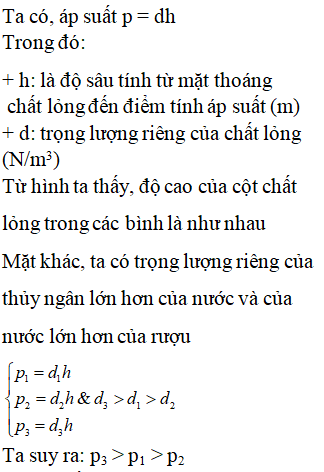 Trong hình bên, mực chất lỏng ở 3 bình ngang nhau. Bình 1 đựng nước bình 2 đựng rượu, bình 3 đựng thủy (ảnh 2)