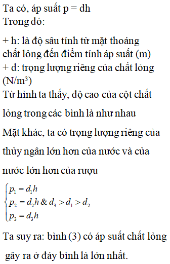 Trong hình bên, mực chất lỏng ở 3 bình ngang nhau. Bình 1 đựng nước bình 2 đựng rượu, bình 3 đựng thủy (ảnh 2)