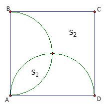 Cho hình vuông ABCD. Gọi S1  là diện tích phần giao của hai nửa đường tròn đường kính AB và AD.  (ảnh 1)