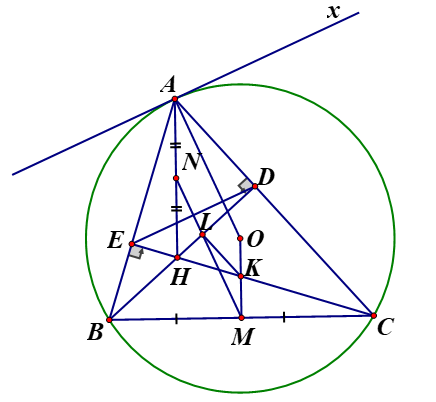 Cho tam giác ABC  nội tiếp đường tròn (O) có hai đường cao BD và CE cắt nhau tại trực tâm H. (ảnh 1)