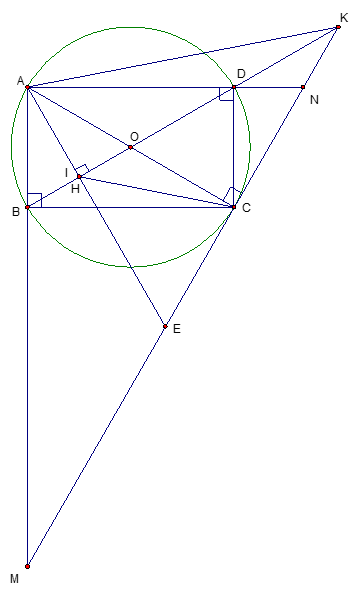 Cho hình chữ nhật ABCD  nội tiếp đường tròn tâm O. Tiếp tuyến của đường tròn tâm O tại điểm C cắt các đường thẳng AB và AD theo thứ tự tại M, N. Gọi H là chân đường cao hạ từ A  xuống BD, K là giao điểm của hai đường thẳng MN và BD. a) Chứng minh tứ giác AHCK  là tứ giác nội tiếp b) Chứng minh:   c) Gọi E là trung điểm của MN. Chứng minh ba điểm  A, H, E thẳng hàng d) Cho AB = 6 cm, AD = 8 cm. Tính độ dài đoạn MN. (ảnh 1)