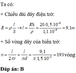 Một biến trở con chạy có điện trở lớn nhất là 20 . Dây điện trở của biến trở là hợp kim nicrom có điện trở suất 1,1.10- 6 .m (ảnh 1)