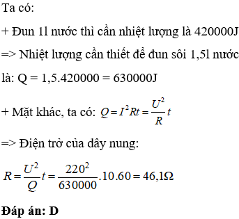 Thời gian đun sôi 1,5l nước của một ấm điện là 10 phút. Hiệu điện thế giữa hai đầu dây nung của ấm là 220V. (ảnh 1)