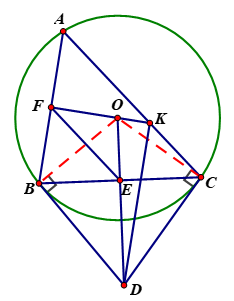 Cho tam giác ABC nhọn (AB<AC) nội tiếp đường tròn (O). Hai tiếp tuyến của đường tròn (O) tại B, C cắt nhau tại D. (ảnh 1)