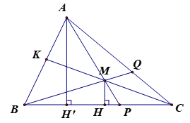 Cho tam giác ABC, M là điểm bất kỳ nằm trong tam giác. Kéo dài AM cắt BC tại P, BM cắt Q, CM cắt AB tại K. (ảnh 1)