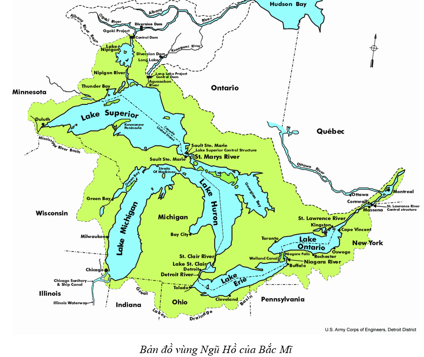 Xác định trên bản đồ tự nhiên châu Mỹ vị trí của năm hồ thuộc hệ thống Ngũ Hồ. (ảnh 1)
