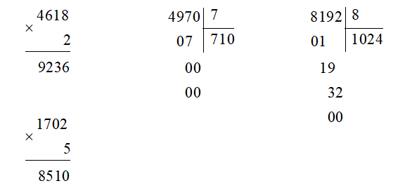Đặt tính rồi tính.   4 618 × 2 1 702 × 5 4 970 : 7 8 192 : 8 (ảnh 1)