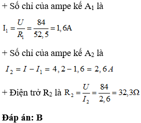 Cho mạch điện có sơ đồ như hình bên  trong đó điện trở R1 = 52,5 . Vôn kế chỉ 84V. Ampe kế A chỉ 4,2A. Điện trở R2 = ? (ảnh 2)