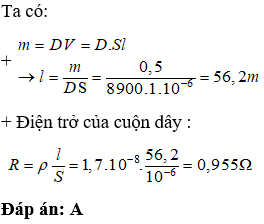 Một cuộn dây dẫn bằng đồng với khối lượng của dây dẫn là 0,5kg và dây dẫn có tiết diện 1mm2. Điện trở (ảnh 1)