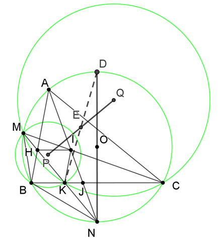d) Gọi P, Q lần lượt là tam của các đường tròn ngoại tiếp tam giác MBK, tam giác MCK và E là trung điểm của PQ. (ảnh 1)