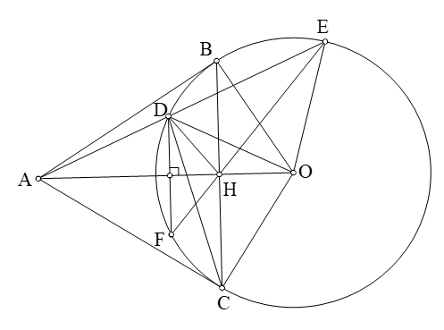 2. Từ điểm A nằm ngoài đường tròn (O). Vẽ hai tiếp tuyến AB, AC với đường tròn (O), (B, C là hai tiếp điểm). (ảnh 1)