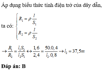 Một dây đồng dài 50m, có tiết diện là 0,8mm2 thì có điện trở là 1,6 Ôm. . Một dây đồng khác có tiết diện 0,4mm^2 (ảnh 1)