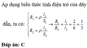 Hai dây bằng nhôm có cùng tiết diện, một dây dài 2m có điện trở R1, dây kia dài 6m có điện trở R2. Tỉ số R1/ R2 (ảnh 1)