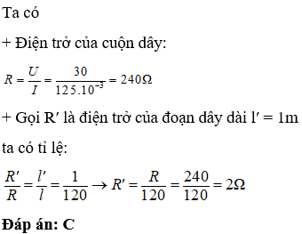 Một dây dẫn dài 120m được dùng để quấn thành một cuộn dây. Khi đặt hiệu điện thế 30V vào hai đầu cuộn (ảnh 1)