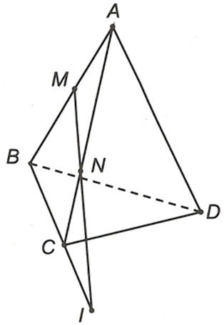 Cho tứ diện ABCD. M, N là hai điểm lần lượt thuộc hai cạnh AB, AC sao cho MN cắt BC tại I.  (ảnh 1)