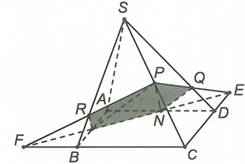 Cho hình chóp S.ABCD, đáy ABCD là hình bình hành, cắt hình chóp bằng mặt phẳng (MNP), trong đó M, N, P lần lượt là trung điểm (ảnh 1)